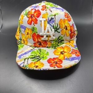 LA Floral Snapback Hat - White with Multicolor Flowers